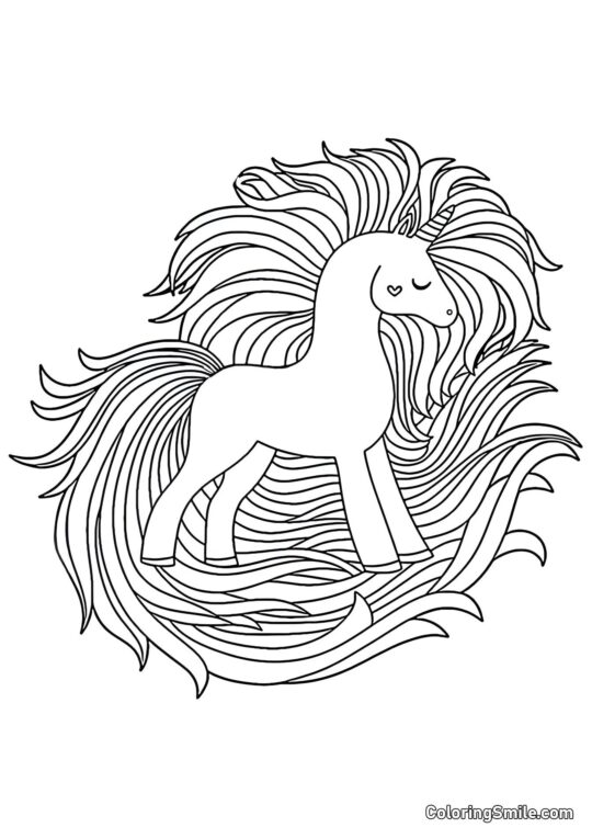 Enhjørning med lang manke - Farvelægningsside