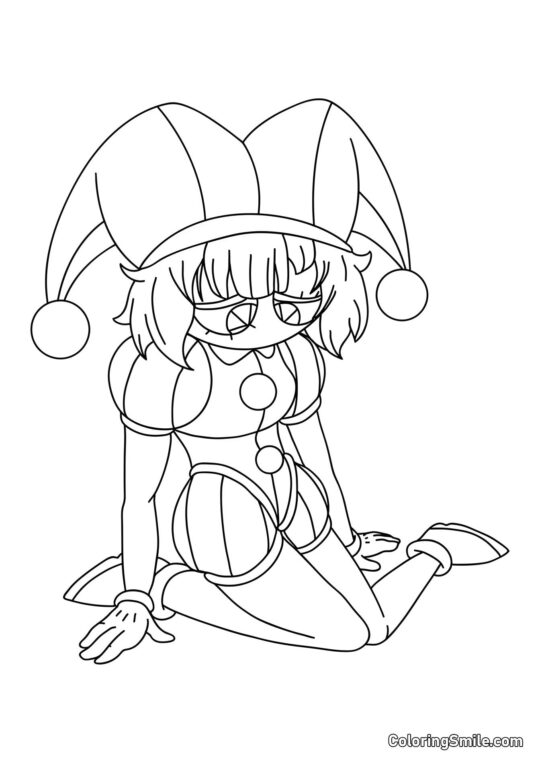 Pomni Sidder på Knæ - Farvelægningsside