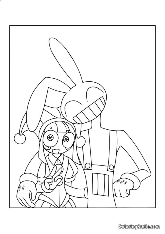 Pomni og Jacks i en Omfavnelse - Farvelægningsside