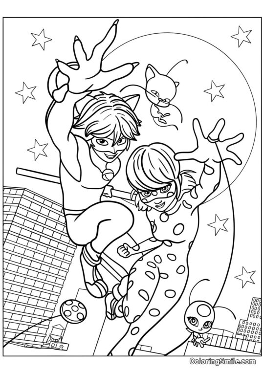 Vidunderlig Marihøne og Cat Noir - Farvelægningsside