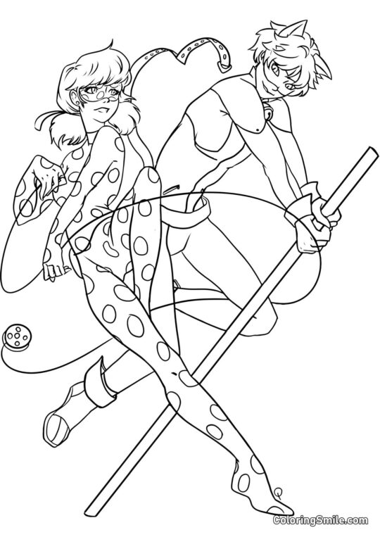 Marihøne og Cat Noir Tegner - Farvelægningsside