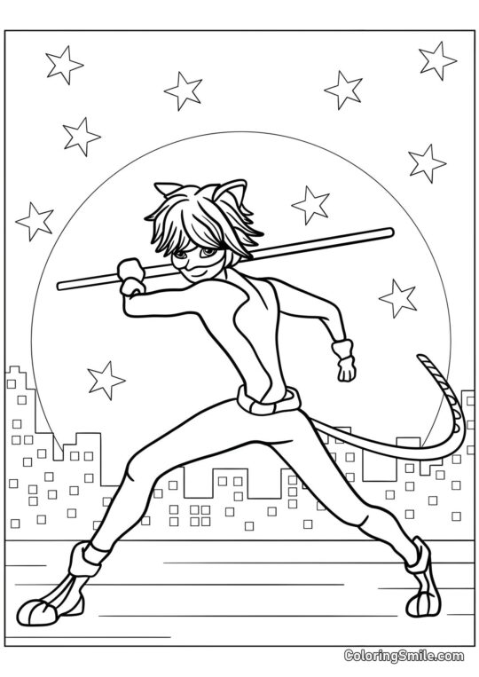 Cat Noir med Stang - Farvelægningsside