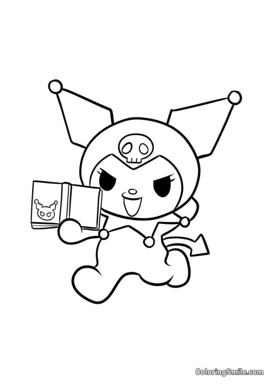 Kuromi Løber med Bog - Farvelægningsside