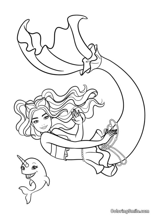 Barbie havfrue vinker med narhval - Farvelægningsside