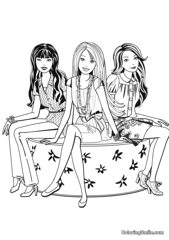 Barbie på en bænk med venner - Farvelægningsside