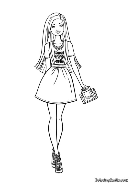 Barbie i en skjorte med en killing - Farvelægningsside