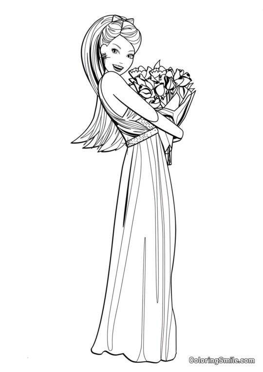 Barbie med en buket blomster - Farvelægningsside