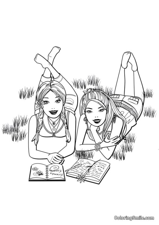 Barbie læser bøger i naturen - Farvelægningsside