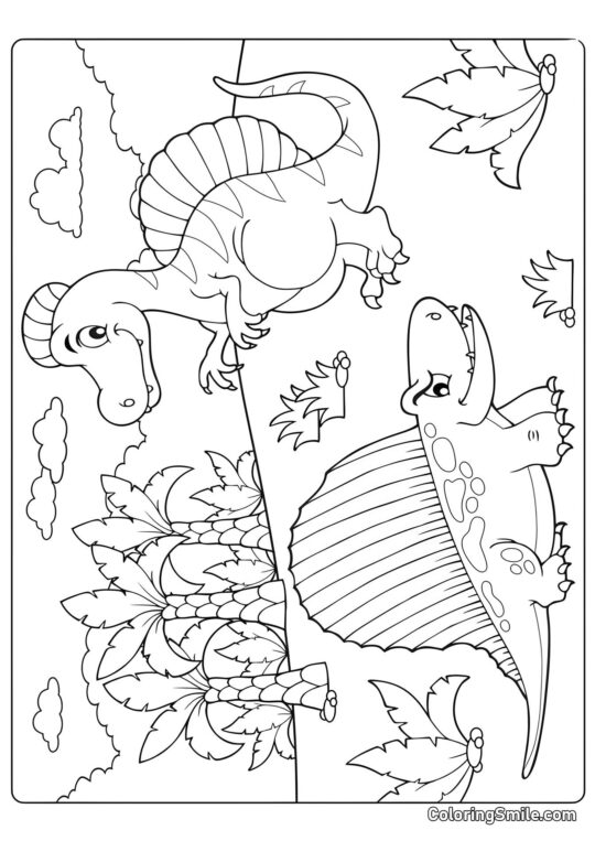 Cartoon Dimetrodon og Spinosaurus - Farvelægningsside