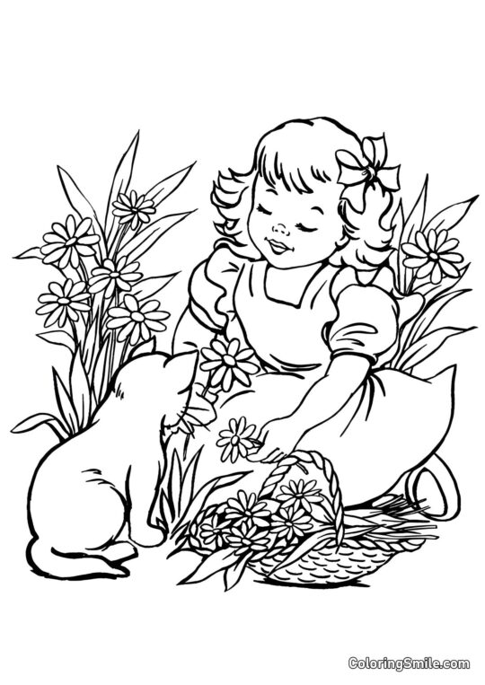 Kat og Pige Plukker Margueritter - Farvelægningsside