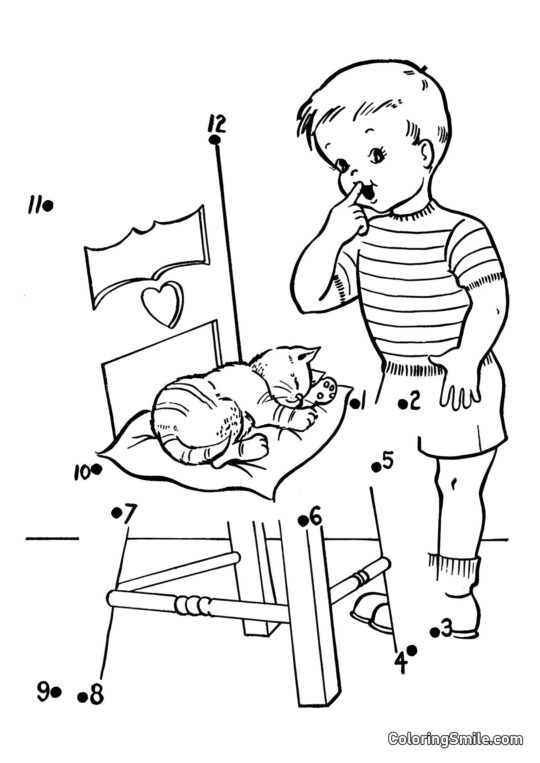 Kat Sover på en Pude – Forbind Punkterne! - Farvelægningsside