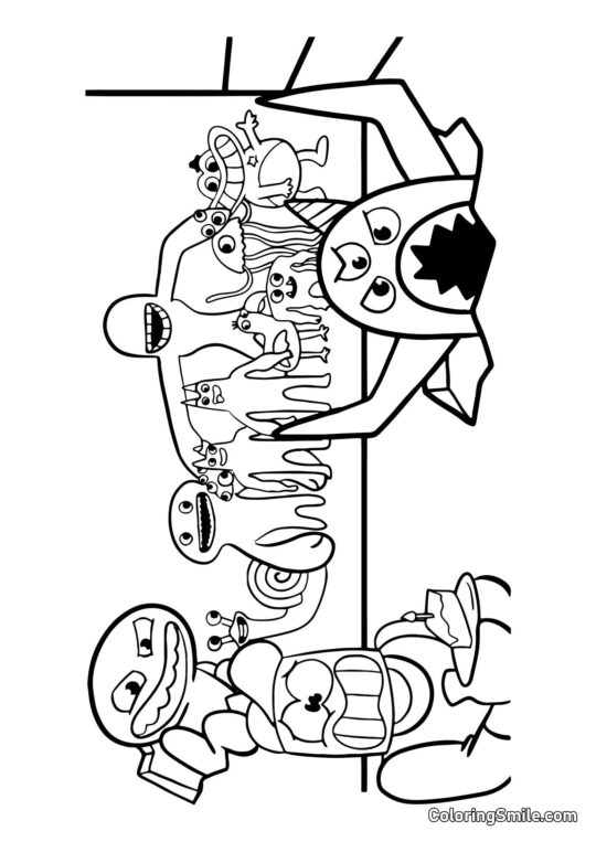 Banban helte og spiller med kage - Farvelægningsside