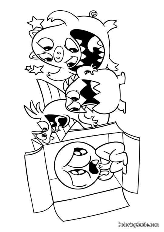 Spiller gemmer sig i kassen fra monstre i Banban børnehave - Farvelægningsside