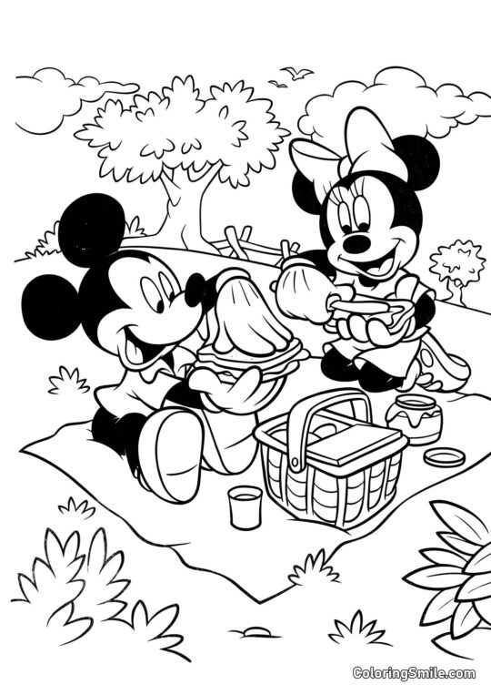 Mickey og Minnie på picnic - Farvelægningsside