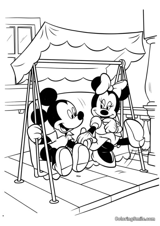 Mickey og Minnie i gynge - Farvelægningsside