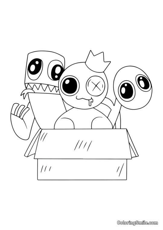 Blå, Grøn og Lilla sidder i en kasse - Farvelægningsside