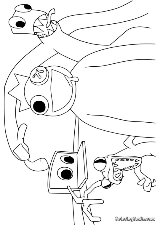 Blå, Grøn, Orange og Lilla fra Rainbow Friends - Farvelægningsside