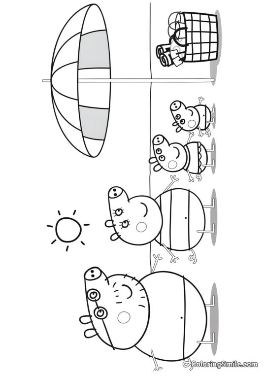 Peppa med Familie ved Stranden - Farvelægningsside