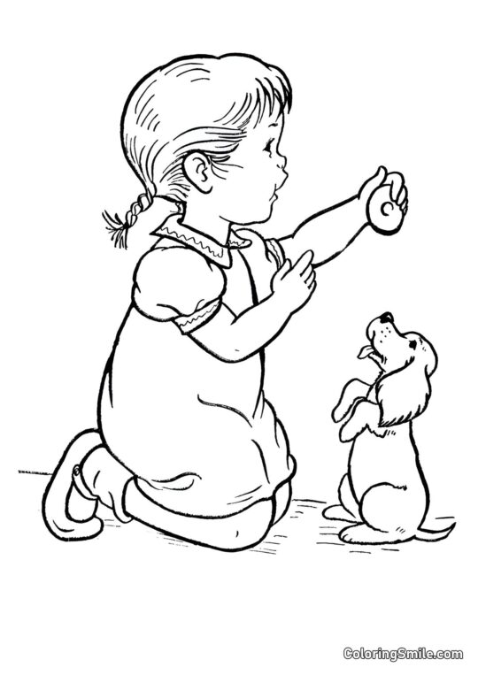 Pige forkæler sin hund - Farvelægningsside