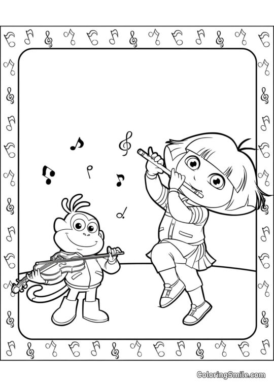 Dora med en fløjte, Boots med en violin Dora med en fløjte, Boots med en violin - Farvelægningsside