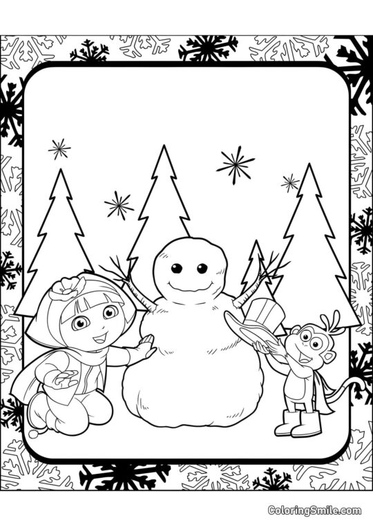 Dora og Boots bygger en snemands Dora og Boots bygger en snemands - Farvelægningsside