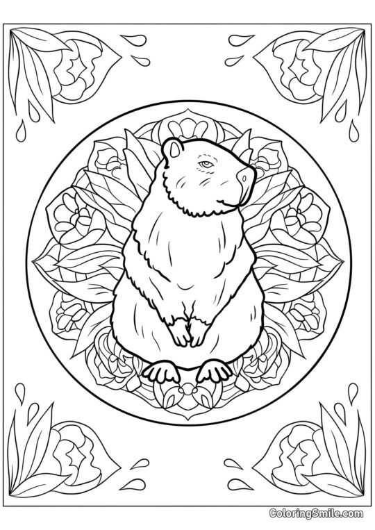 Capybara i en Blomstermandala - Farvelægningsside