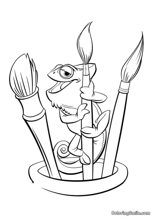 Kamæleon Pascal og Akvarelbørster Kamæleon Pascal og Akvarelbørster - Farvelægningsside