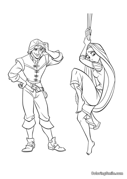 Rapunzel Nedstiger på Hår med Flynn Rapunzel Nedstiger på Hår med Flynn - Farvelægningsside