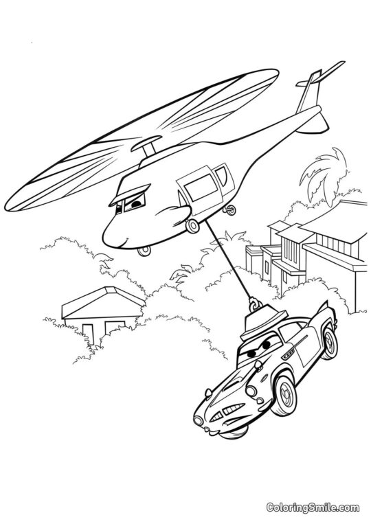 Bil, der bliver transporteret af helikopter - Farvelægningsside