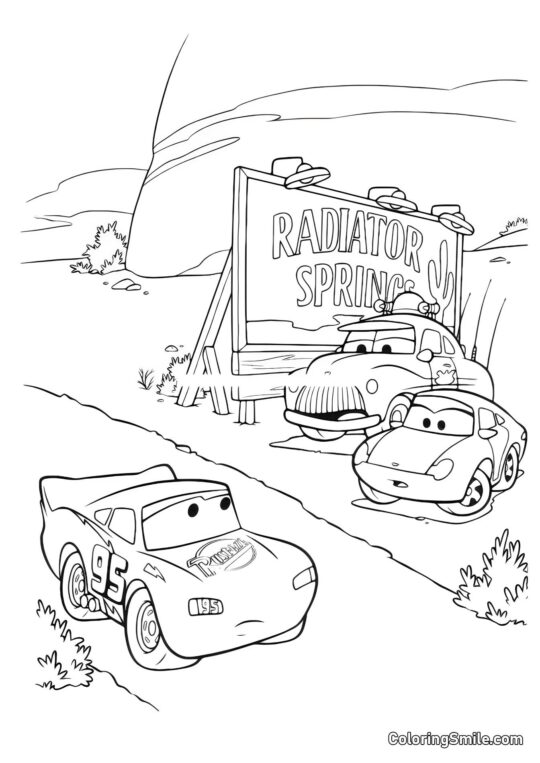 Biler ved byens indgang - Farvelægningsside