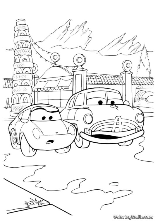 Biler ved krydset - Farvelægningsside