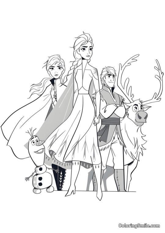 Elsa, Anna, Kristoff, Sven og Olaf - Farvelægningsside