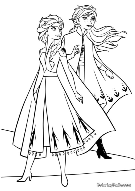 Anna og Elsa på vej til den fortryllede skov - Farvelægningsside